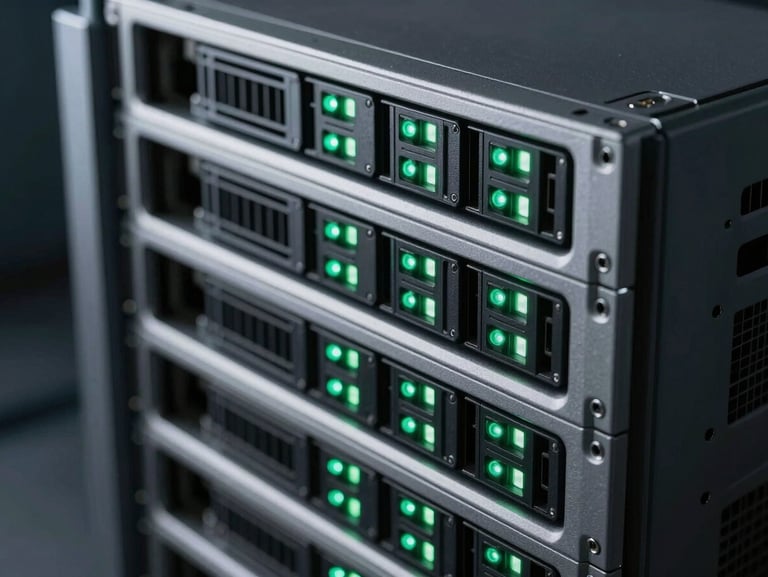 Macro photograph of high-performance server rack hardware, clean geometric lines, sharp green status indicator lights, cool low-key studio lighting.
