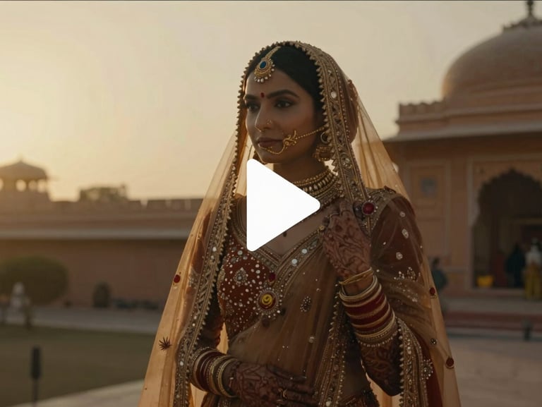 Cinematic 16:9 frame of a luxury destination wedding in Rajasthan, golden hour backlighting, vintage color grading, play icon overlay