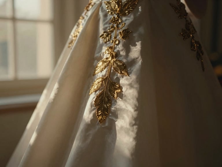 Cinematic 16:9 close-up of delicate gold embroidery on bridal silk, soft natural window light, shallow depth of field