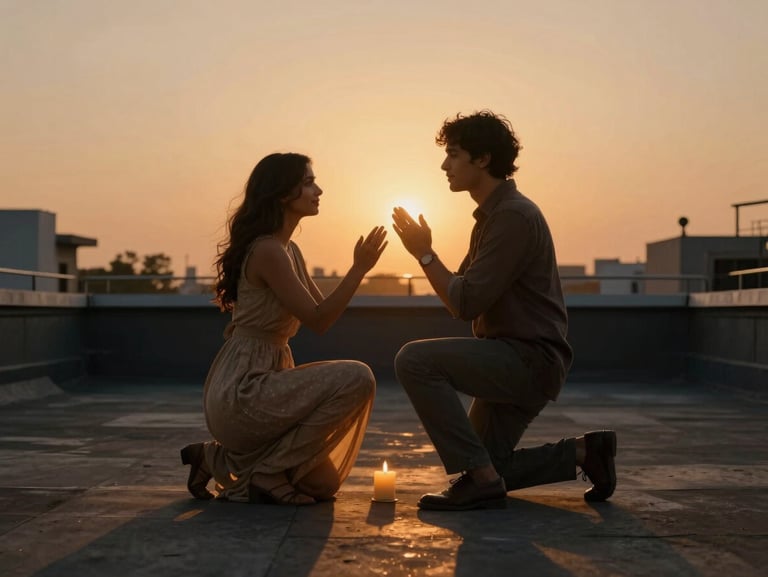 Cinematic 16:9 frame of an intimate sunset vow exchange on a Delhi rooftop, deep shadows, warm candle light, emotional expressions