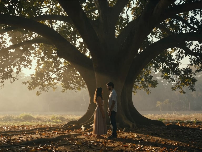 Cinematic 16:9 wide shot of a couple standing under a grand banyan tree, dramatic backlighting, atmospheric mist, 35mm anamorphic