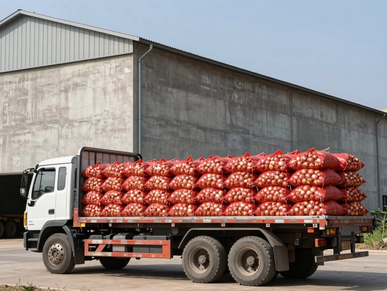 A flatbed truck loaded with red mesh sacks of onions parked outside a massive concrete agricultural warehouse, bright midday sun.