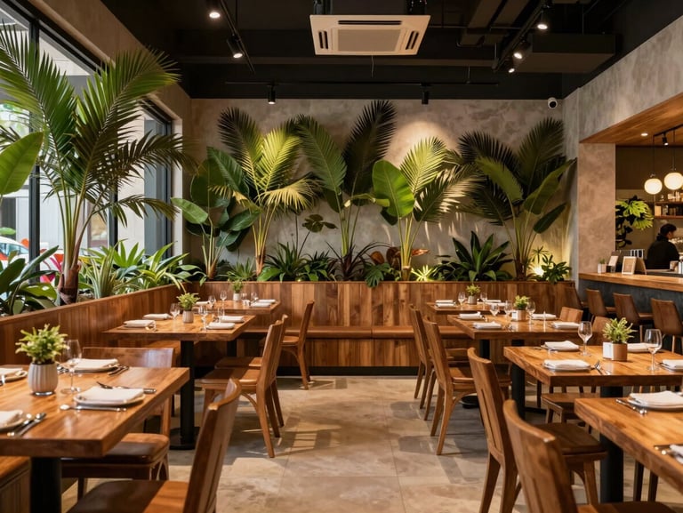 Interior de um restaurante moderno no Umarizal, mesas de madeira, plantas tropicais decorativas e iluminação suave.