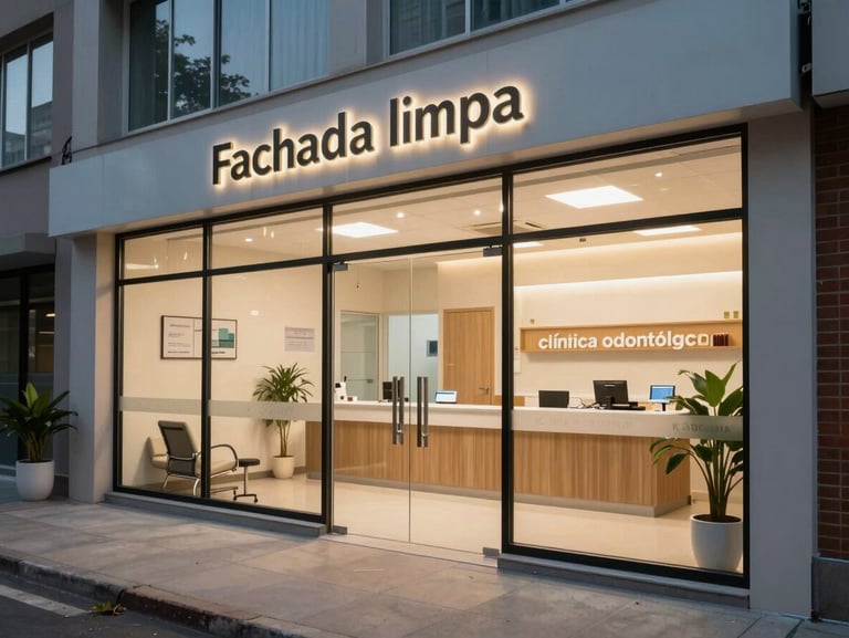 Fachada limpa de uma clínica odontológica moderna com recepção iluminada visível através do vidro.