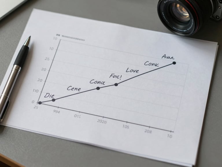 Overhead view of a desk with a printed financial projection chart showing an exponential accumulation curve, handwritten annotations marking key inflection points, soft neutral daylight from the left side, pen resting beside the paper
