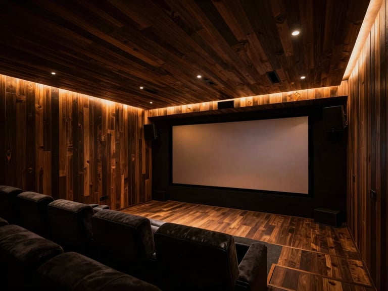 Completed bespoke home theater in a mountain estate, dark wood acoustic paneling, low-key dramatic lighting, warm amber glow, wide anamorphic frame, 35mm