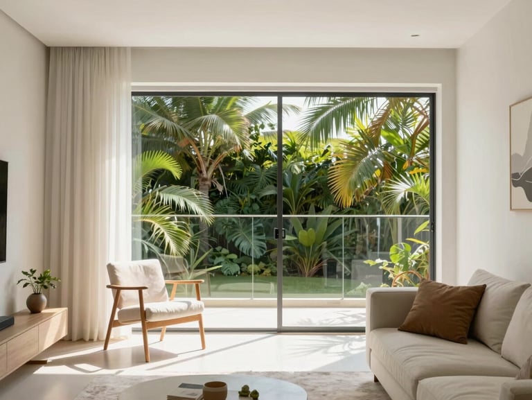 Bright modern apartment interior in Belém, large window showing tropical green foliage outside, clean Scandinavian furniture, natural morning light, high-key photography.