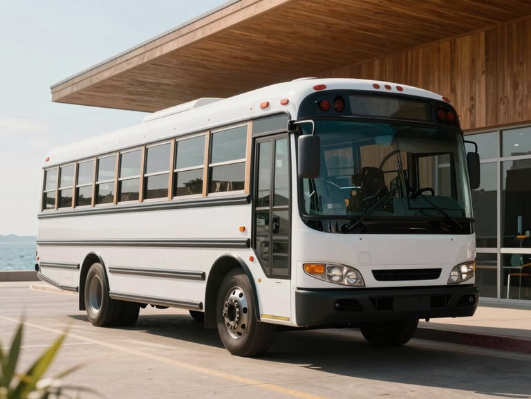 A modern, clean school bus parked in a bright, sunlit bay, shot from a low angle, soft natural light, warm wood tones in the background.