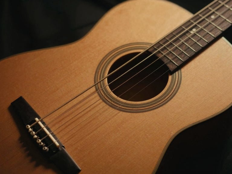 Close-up of guitar strings vibrating, warm moody photography, deep shadows, rich organic tones.