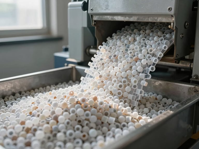 Close-up of plastic pellet output spilling from processing machinery onto a collection tray, natural daylight from facility window catching material surface, industrial machinery partially visible in background, cool neutral colour grading