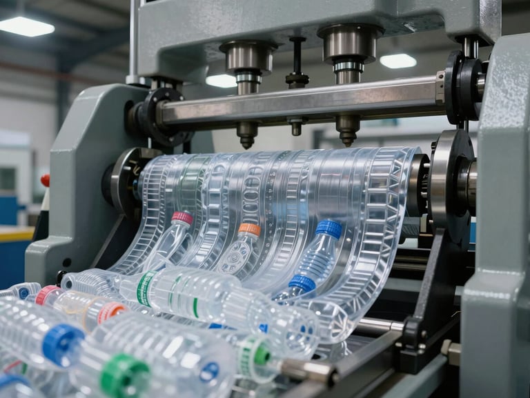 Machinery detail shot of baling press compressing sorted plastic, hydraulic ram visible, facility interior with structured overhead lighting