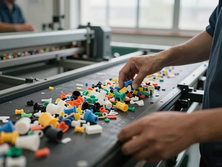 Close-up of industrial sorting line conveyor belt carrying mixed plastic fragments, workers' hands guiding material, natural daylight from high windows