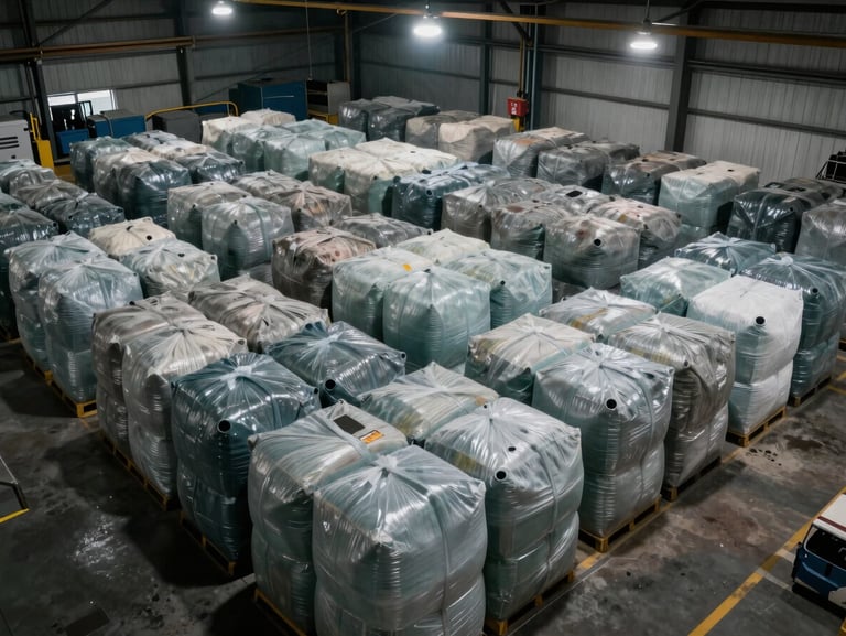 Wide facility floor view from above, sorted plastic bales stacked in geometric rows under overhead industrial lighting, Harare recycling plant