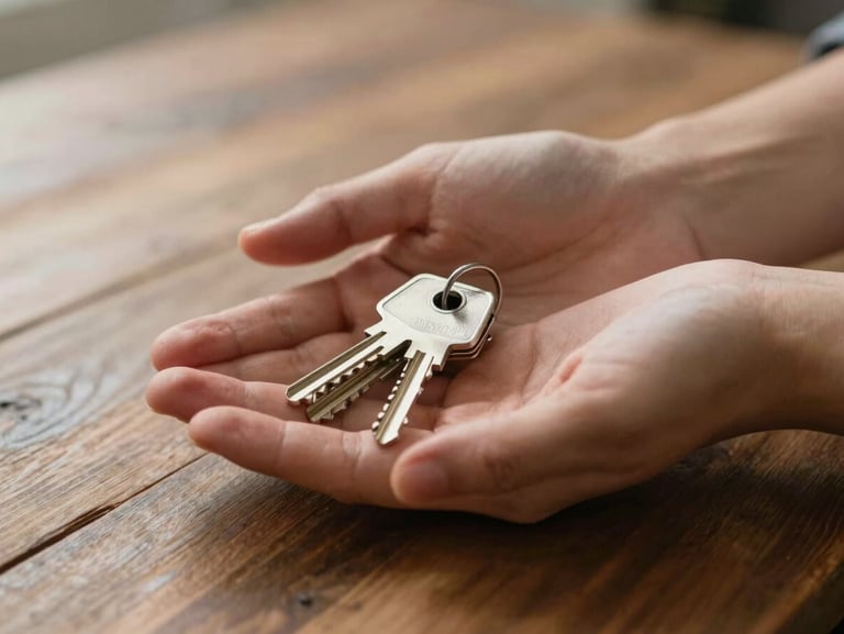 Close-up of hands gently holding a set of keys over a rustic wooden table, soft warm background lighting, conveying trust and relief.