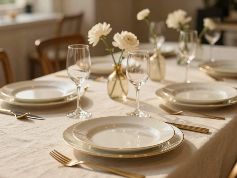 Elegant boutique event setting, warm natural light, delicate porcelain plates on a linen tablecloth, minimalist floral centerpieces, soft focus