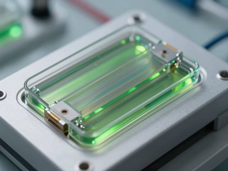 Close-up of a microfluidic lab-on-a-chip device, clear channels with green fluorescent liquid, clinical daylight, technical precision.