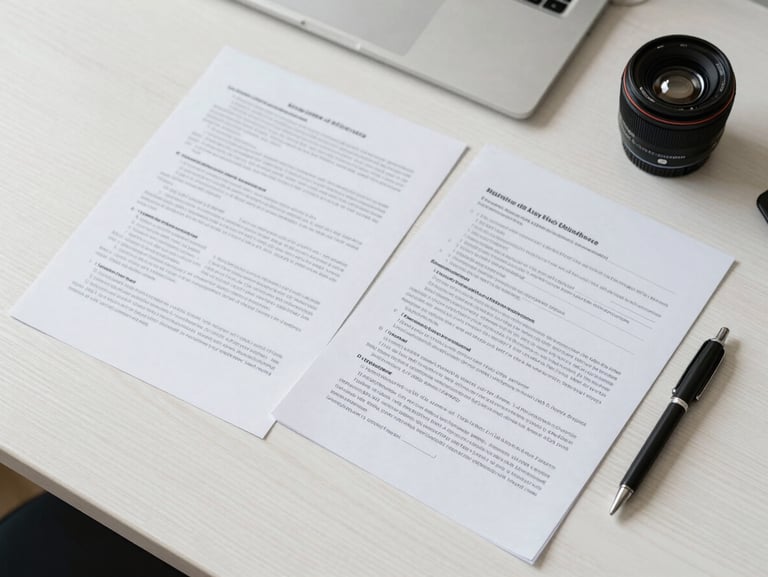 Overhead flat lay of neatly organized printed documents, a black pen, and a clean workspace on a white wooden table in bright natural daylight.