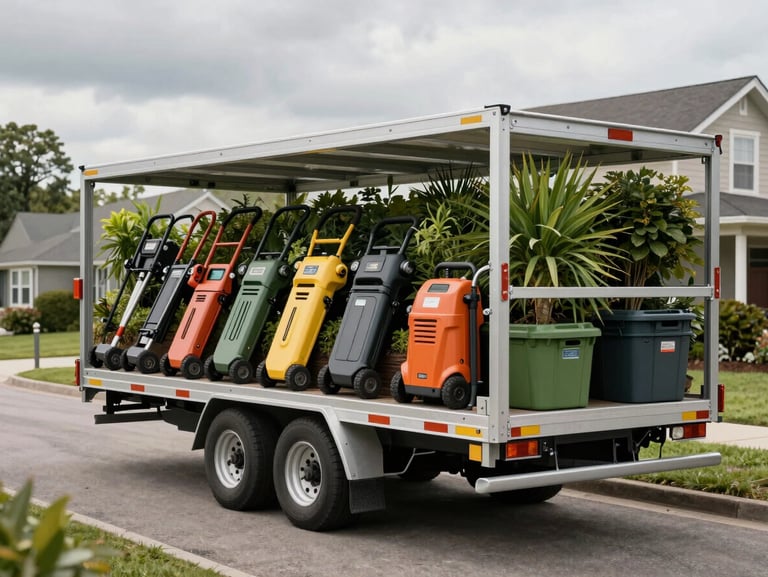 An organized commercial landscaping trailer parked on a quiet residential street, with neatly arranged trimmers and clean equipment, overcast sky.