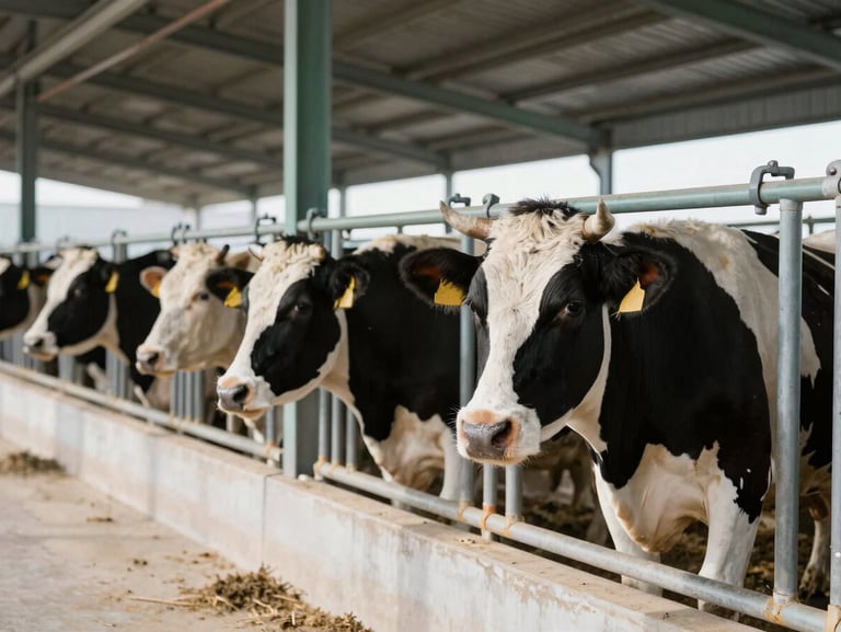 Healthy dairy cattle in a clean, modern Azerbaijani farming facility with bright natural daylight