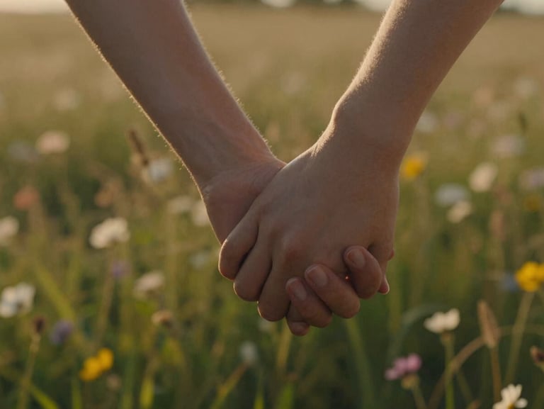 Close-up portrait-orientation frame of two hands intertwined, warm golden-hour side light catching the edges of fingers, soft-focus wildflower field behind them, no rings visible, entirely candid and unhurried