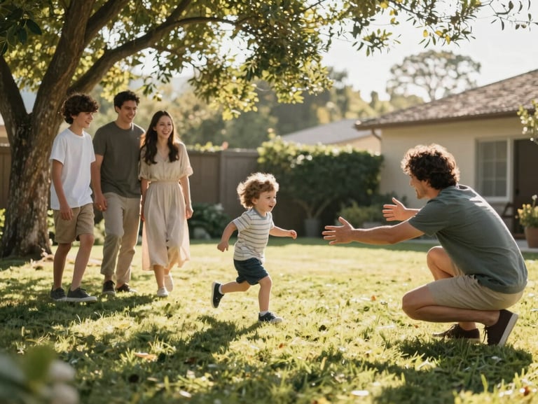 Wide environmental frame of a young family in a sun-drenched backyard, a toddler mid-run toward a parent crouching with arms open, warm morning light, dappled shade from a nearby tree, genuine motion and laughter, nothing directed or posed
