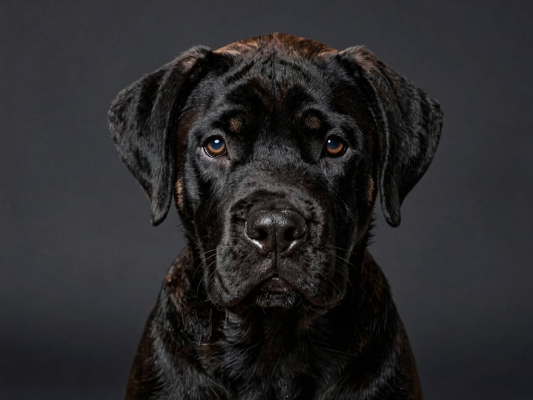 Close-up portrait of a solid black Cane Corso puppy with intense, intelligent eyes, natural ears, looking directly at the camera, dark studio background.