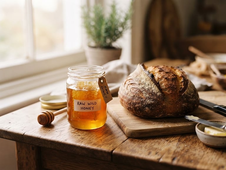 Warm editorial food photography of raw honey jars catching soft morning window light on a wooden table, a freshly baked sourdough loaf with a deeply caramelized crust beside it, shallow depth of field, 50mm lens.