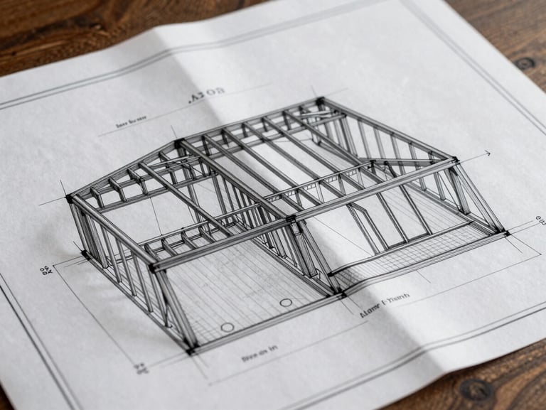 A highly detailed architectural blueprint layout displaying structural framing and foundation plans for a residential addition, clean lines, technical drafting style.