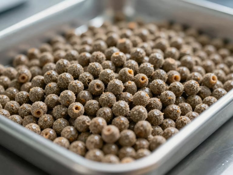 Close-up shot of high-quality extruded feed pellets showing rich texture on a steel testing tray, bright industrial laboratory lighting, sharp focus