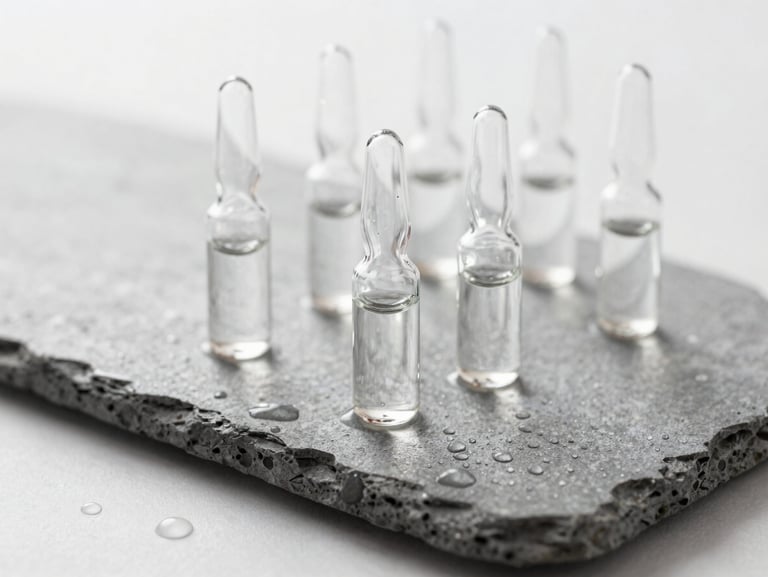 Macro shot of premium skincare glass vials arranged on a neutral grey stone slab, water droplets, bright sterile lighting.