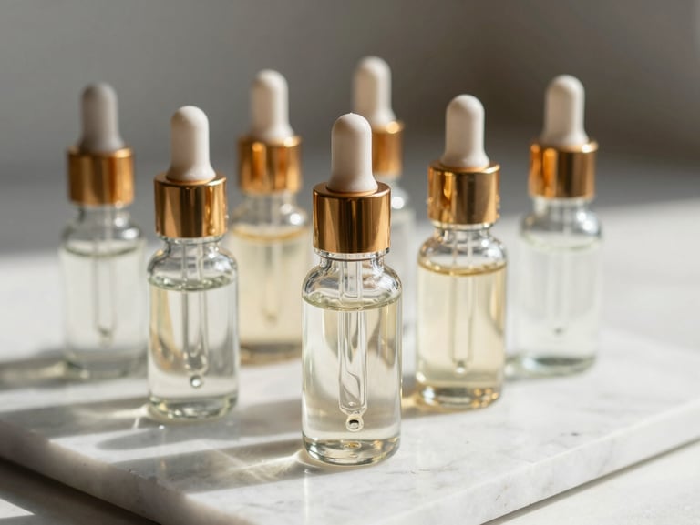 Macro shot of glass serum bottles with gold droppers arranged on a white marble slab under bright natural light
