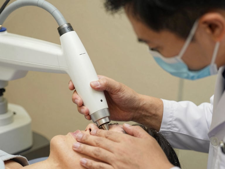 A close-up of a clinical trainer guiding a dermatologist's hands as they operate a high-precision laser handpiece during a certification workshop.