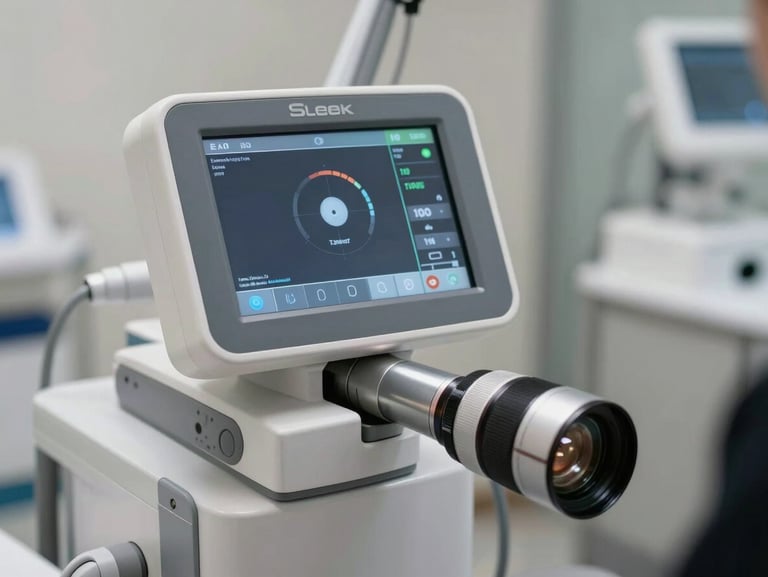 Sleek clinical laser interface displaying treatment parameters, clean glass and steel background
