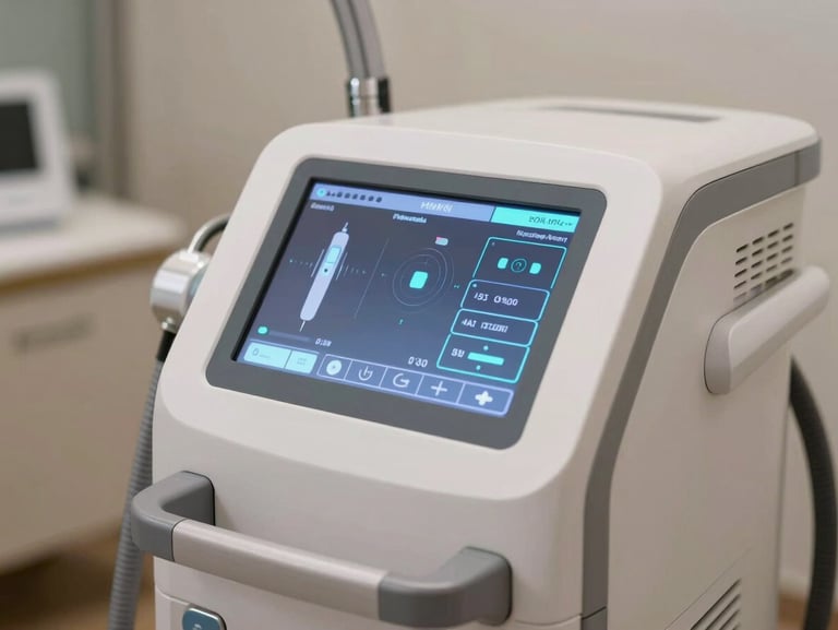Close-up of a modern aesthetic laser device interface glowing with clinical data, pristine white medical office setting, high-end hospitality feel.
