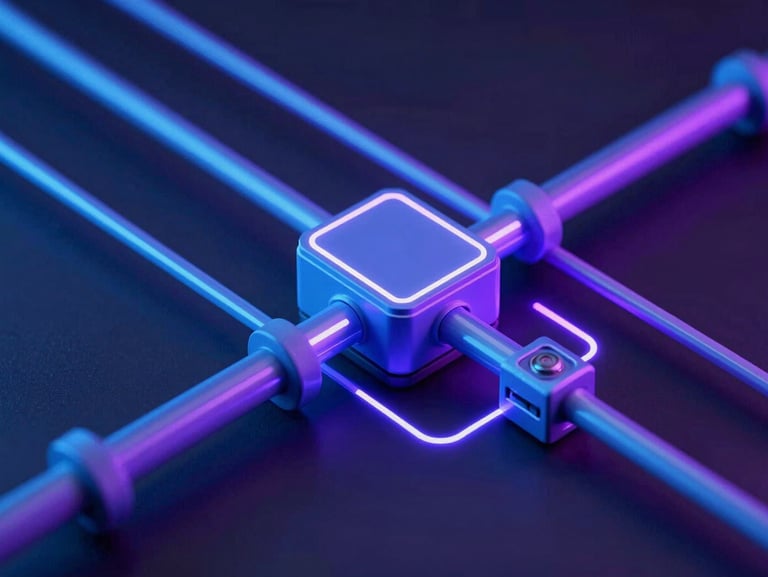 Clean isometric technical diagram showing a model pipeline architecture with cool blue and violet neon lines on a dark background, sharp details