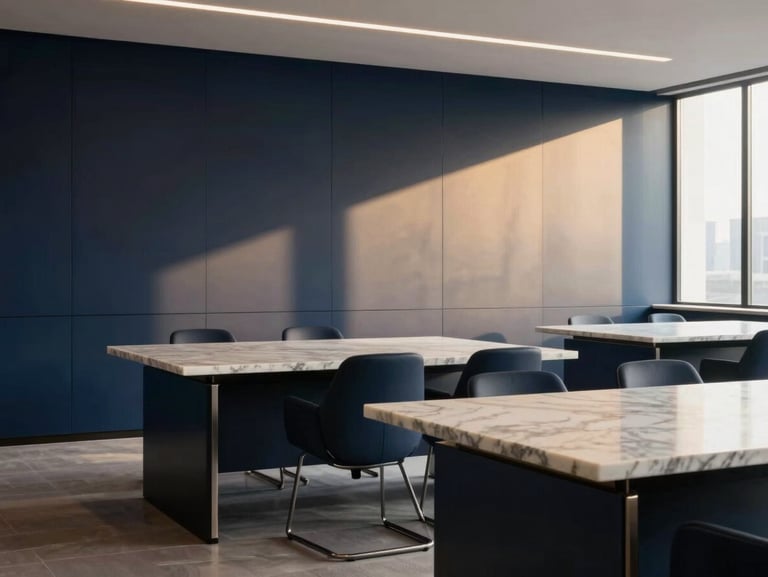 Minimalist luxury office interior with marble tables and deep navy accents, soft natural light, sharp focus, editorial architectural photography