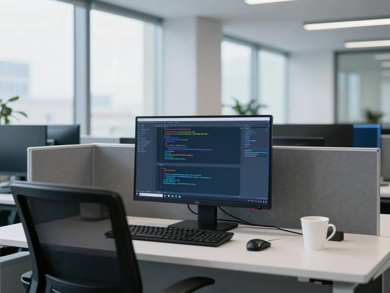 Clean corporate office interior, focus on a developer workstation with code on screen, bright natural light