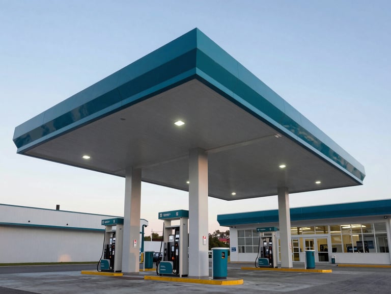 Modern gas station canopy at dusk, clean architecture, sharp focus, cool teal accents