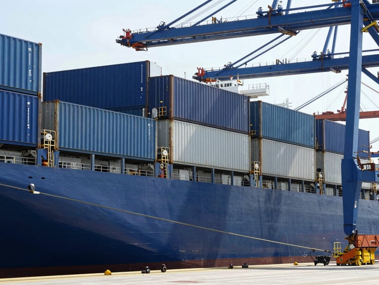 Heavy cargo container ship docked at a modern port terminal, bright daylight, blue and slate tones, sharp focus