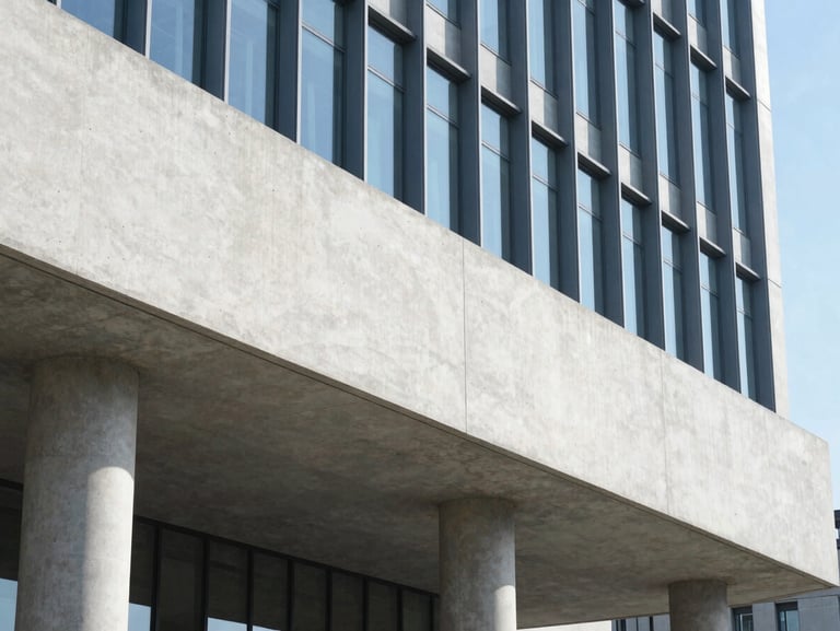 Architectural detail of a modern public institution building, concrete and glass, bright daylight, cool tones