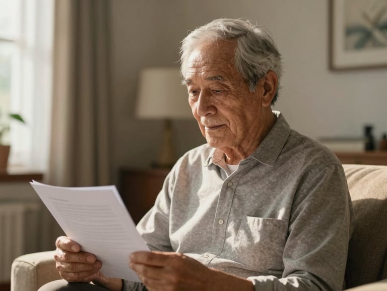 Dignified elderly man in a warm living room reading a document, soft morning light filtering through the window, focusing on his calm expression.