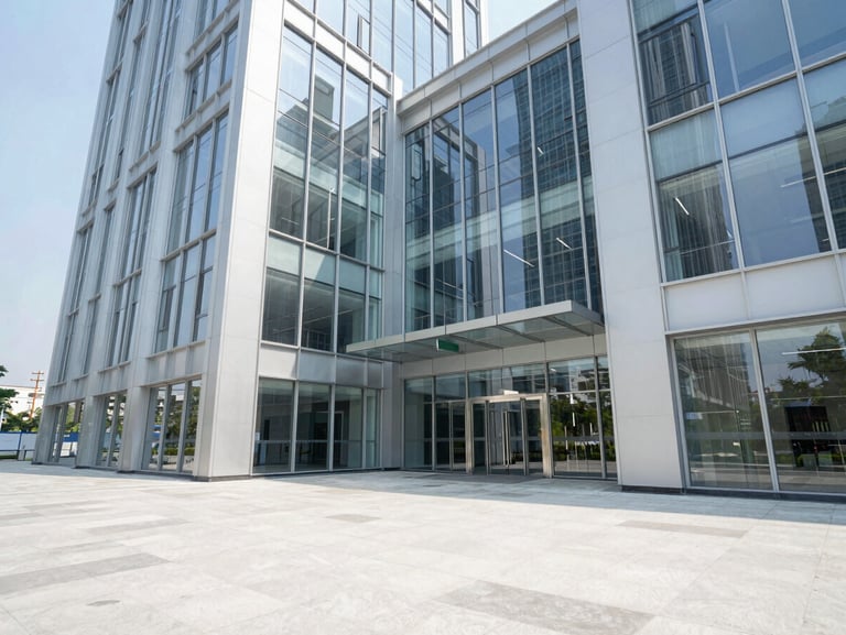 Wide angle shot of a spotless, sunlit commercial lobby immediately post-construction handover, pristine glass facades, bright natural daylight