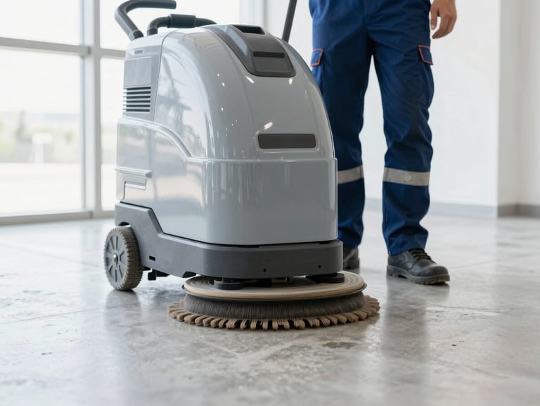 Crisp close-up of a professional cleaner in branded gear operating an industrial floor scrubber on a polished concrete floor, bright daylight, cool tones