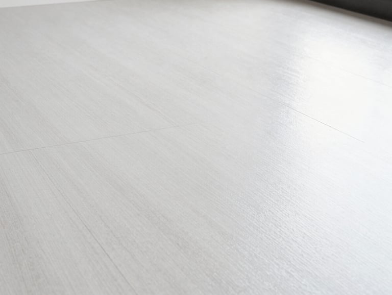 High-resolution close-up of a pristine, restored linoleum floor texture with a deep, protective gloss finish, architectural angles, bright daylight