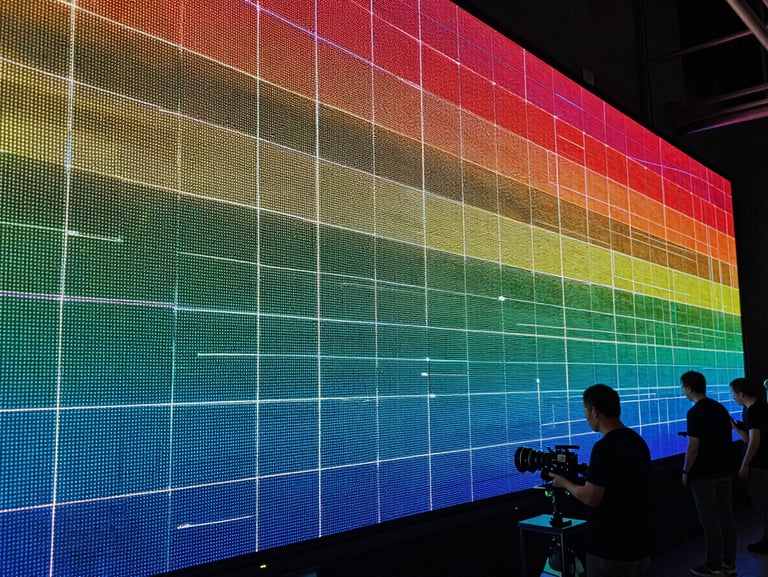 Close-up of a massive LED wall during color-calibration, sharp technical grid lines visible on screen, technical crew silhouetted in low-key lighting.