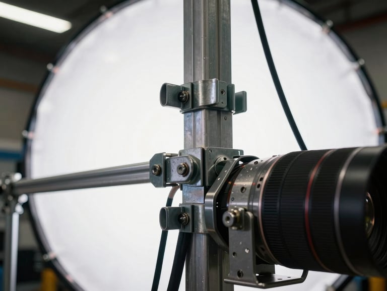 Macro close-up of a structural joint and rigging plot behind a massive LED volume, showing heavy-duty steel clamps and clean cable management under low-key warehouse lighting.