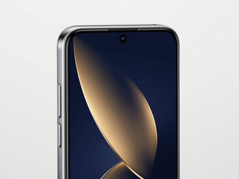 Close-up studio shot of a sleek Tecno smartphone, metallic silver finish, sharp angles, vibrant screen display against a neutral premium backdrop, high-key lighting.