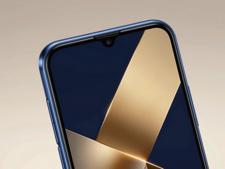 Close-up studio shot of a sleek Infinix smartphone, metallic blue finish, sharp angles, vibrant screen display against a neutral premium backdrop, high-key lighting.