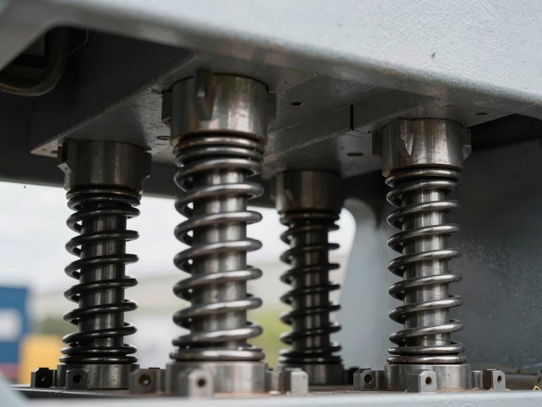 Macro detail of industrial vibration isolation spring mounts beneath heavy machinery, overcast daylight, sharp focus on mechanical steel components