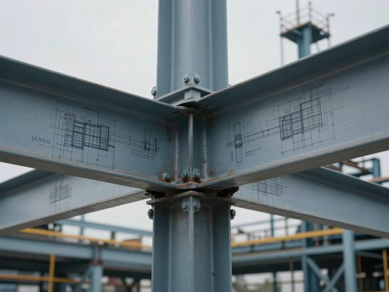 Macro detail of a structural steel connection in a heavy industrial plant, high-contrast overcast daylight, engineering blueprint style.